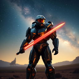 A stunning depiction of the Master Chief from the Halo video game series standing on an alien planet, the sky filled with distant stars and nebulae