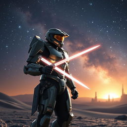 A stunning depiction of the Master Chief from the Halo video game series standing on an alien planet, the sky filled with distant stars and nebulae