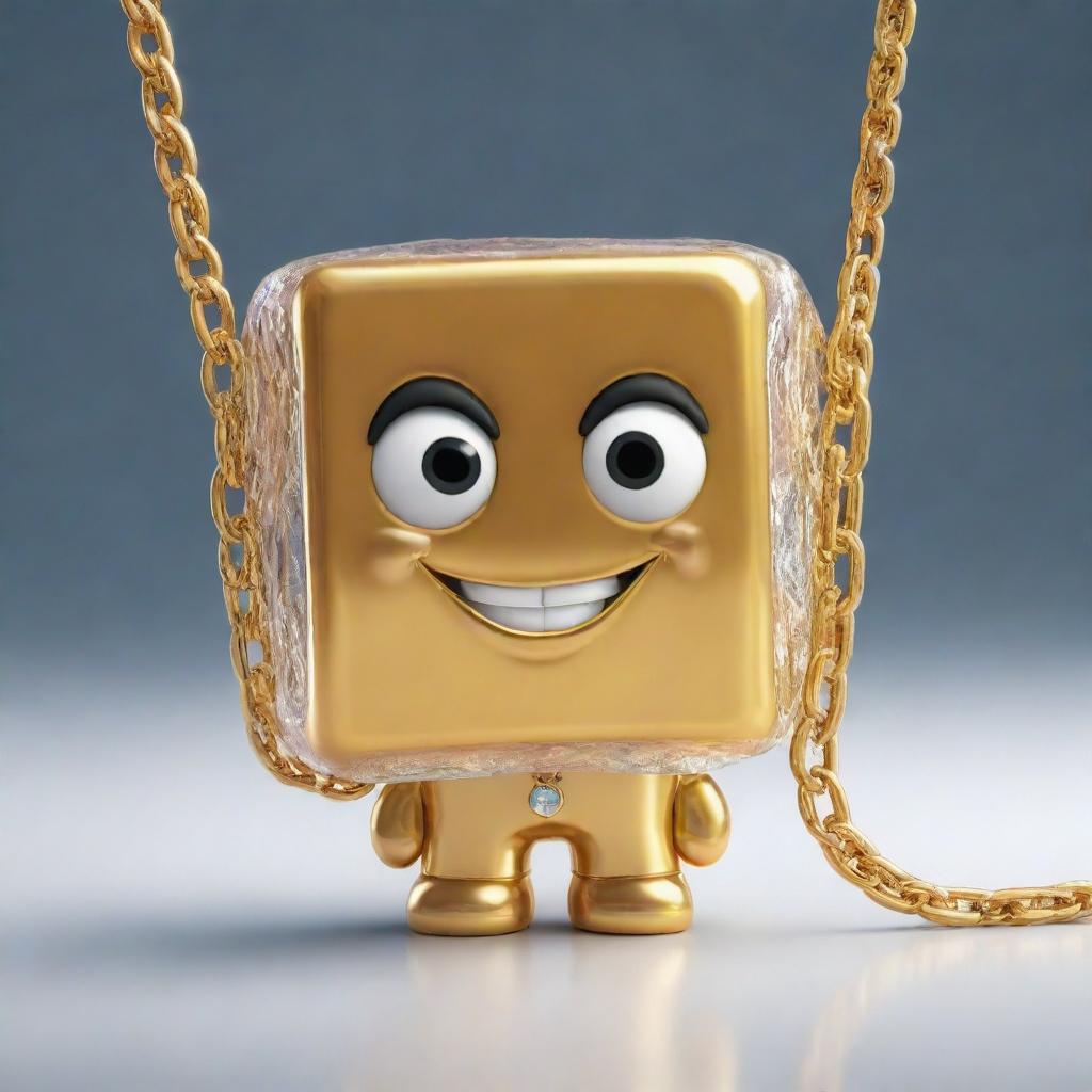 A whimsical, cartoon-style ice cube character with a confident expression, draped in a heavy, shining gold chain.