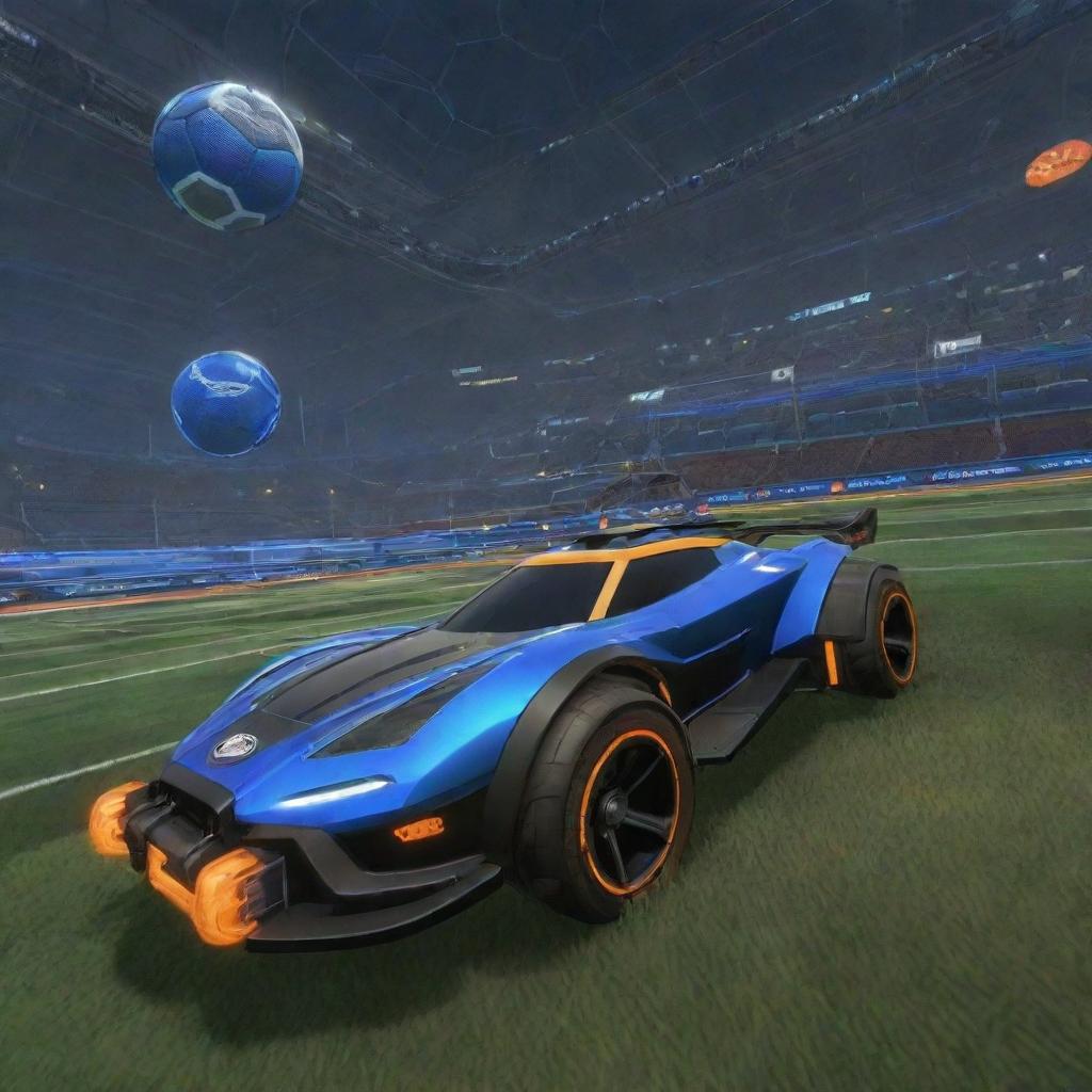 An advanced digital gaming interface for Rocket League, complete with animated graphics, dynamic leaderboards, stunning visuals of rocket-powered cars and futuristic environments.