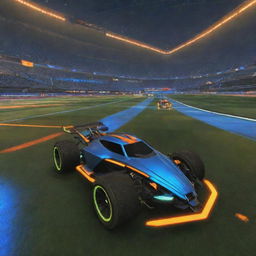 An advanced digital gaming interface for Rocket League, complete with animated graphics, dynamic leaderboards, stunning visuals of rocket-powered cars and futuristic environments.