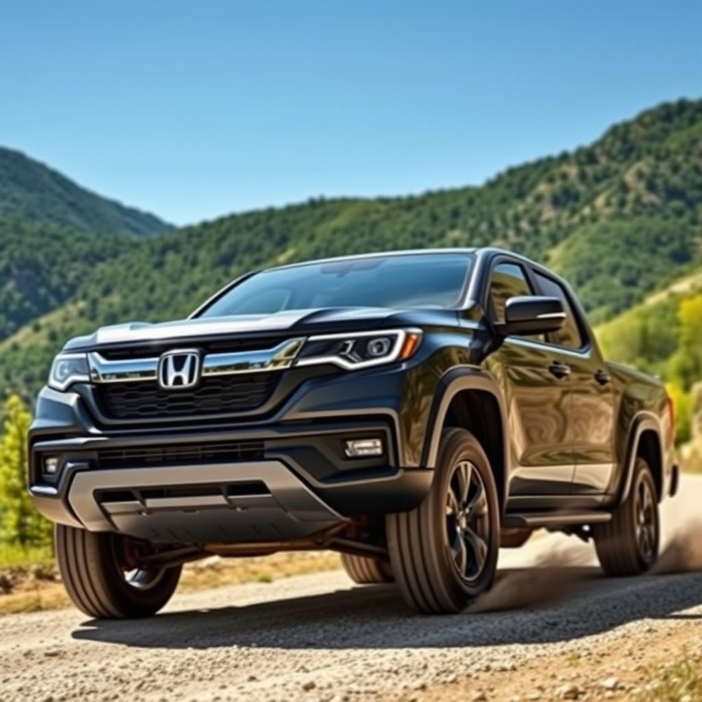 A modern Honda pickup truck, showcasing its sleek design and robust build in a scenic outdoor setting