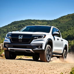 A modern Honda pickup truck, showcasing its sleek design and robust build in a scenic outdoor setting