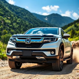 A modern Honda pickup truck, showcasing its sleek design and robust build in a scenic outdoor setting