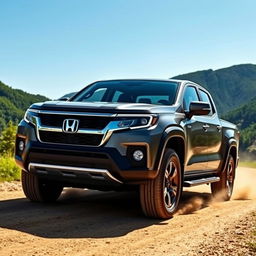 A modern Honda pickup truck, showcasing its sleek design and robust build in a scenic outdoor setting