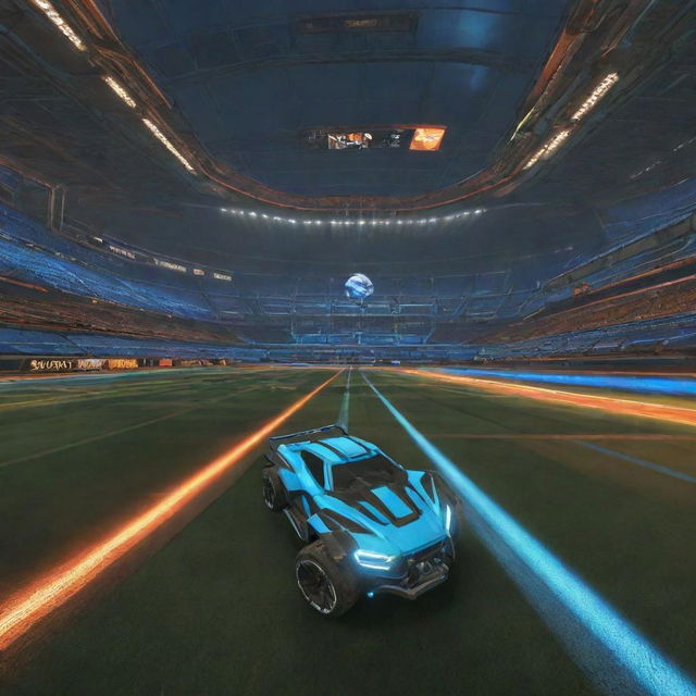 An advanced digital gaming interface for Rocket League, complete with animated graphics, dynamic leaderboards, stunning visuals of rocket-powered cars and futuristic environments.