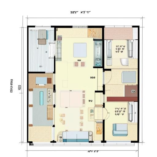 Architectural design of a house plan optimised for a 30 by 12 feet plot. Include key areas such as living space, kitchen, bedrooms and bathrooms.