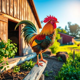 A majestic, colorful rooster standing proudly on a wooden perch in a vibrant farmyard setting, with lush greenery and a clear blue sky in the background