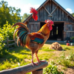 A majestic, colorful rooster standing proudly on a wooden perch in a vibrant farmyard setting, with lush greenery and a clear blue sky in the background