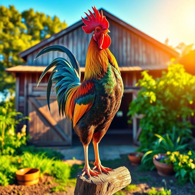 A majestic, colorful rooster standing proudly on a wooden perch in a vibrant farmyard setting, with lush greenery and a clear blue sky in the background