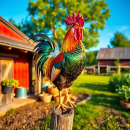 A majestic, colorful rooster standing proudly on a wooden perch in a vibrant farmyard setting, with lush greenery and a clear blue sky in the background