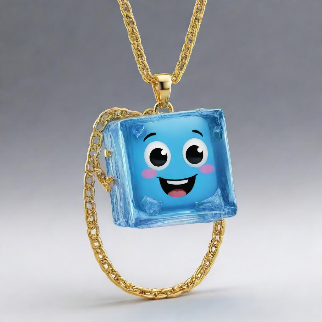 A lively cartoon ice cube character, gleaming with cool freshness and wearing a lustrous gold chain around its 'neck', full of personality and charm.