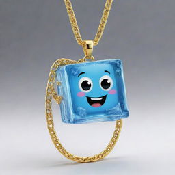 A lively cartoon ice cube character, gleaming with cool freshness and wearing a lustrous gold chain around its 'neck', full of personality and charm.