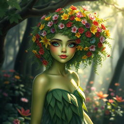 A captivating green-skinned nymph, her lush hair is a cascade of vibrant, colorful flowers