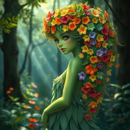 A captivating green-skinned nymph, her lush hair is a cascade of vibrant, colorful flowers