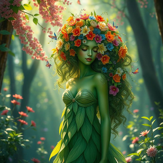 A captivating green-skinned nymph, her lush hair is a cascade of vibrant, colorful flowers