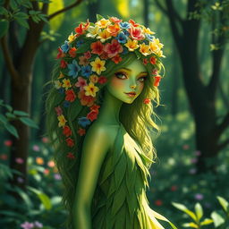 A captivating green-skinned nymph, her lush hair is a cascade of vibrant, colorful flowers