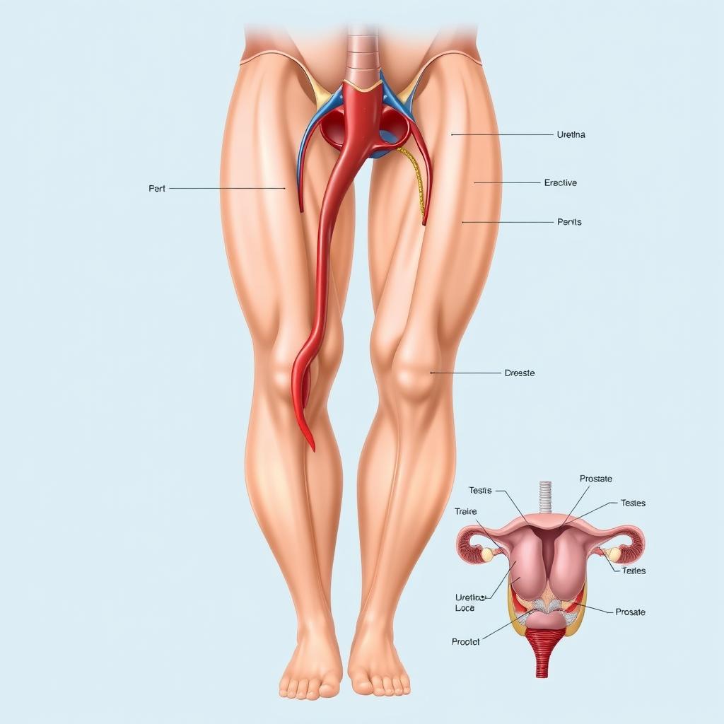 A medical illustration of the human male anatomy focusing on the penis, showcasing the internal structures such as the urethra, blood vessels, and erectile tissues, with labeled parts for educational purposes