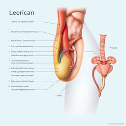 A medical illustration of the human male anatomy focusing on the penis, showcasing the internal structures such as the urethra, blood vessels, and erectile tissues, with labeled parts for educational purposes