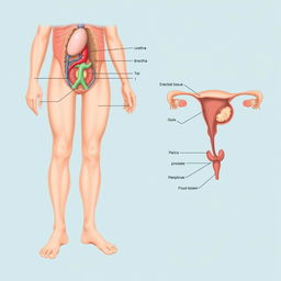 A medical illustration of the human male anatomy focusing on the penis, showcasing the internal structures such as the urethra, blood vessels, and erectile tissues, with labeled parts for educational purposes