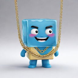 A lively cartoon ice cube character, gleaming with cool freshness and wearing a lustrous gold chain around its 'neck', full of personality and charm.