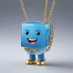 A lively cartoon ice cube character, gleaming with cool freshness and wearing a lustrous gold chain around its 'neck', full of personality and charm.