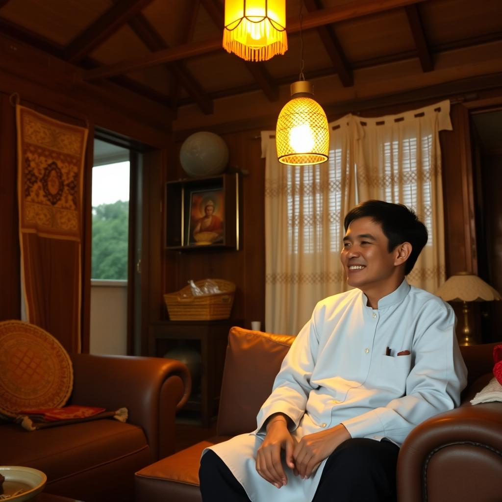 A warm, cozy rural house interior at dusk, bathed in a warm yellow glow from a hanging lamp