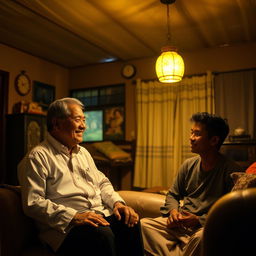 A warm, cozy rural house interior at dusk, bathed in a warm yellow glow from a hanging lamp