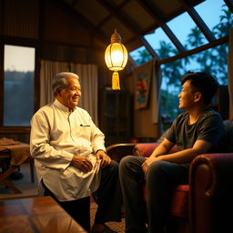 A warm, cozy rural house interior at dusk, bathed in a warm yellow glow from a hanging lamp