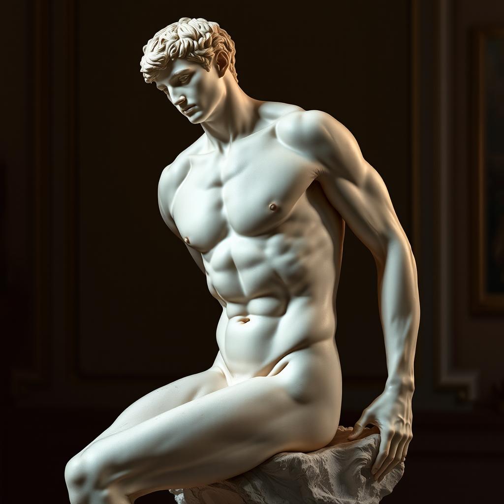 An artistic representation of a male nude figure in a classical pose, inspired by the style of Renaissance sculptures, focusing on the natural form and anatomy with attention to detail