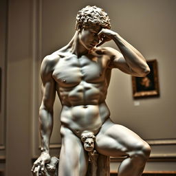 An artistic representation of a male nude figure in a classical pose, inspired by the style of Renaissance sculptures, focusing on the natural form and anatomy with attention to detail