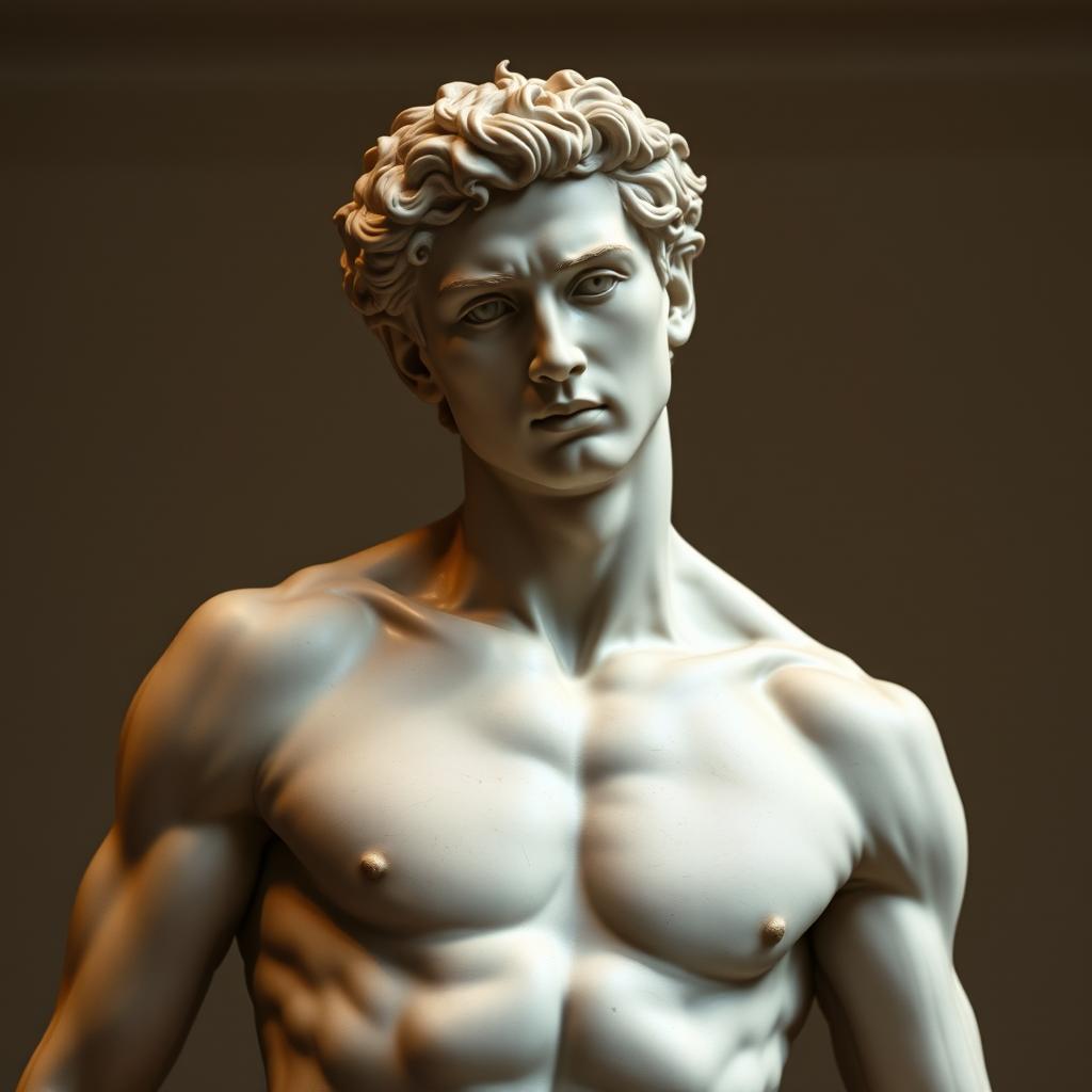 An artistic representation of a male nude figure in a classical pose, inspired by the style of Renaissance sculptures, focusing on the natural form and anatomy with attention to detail