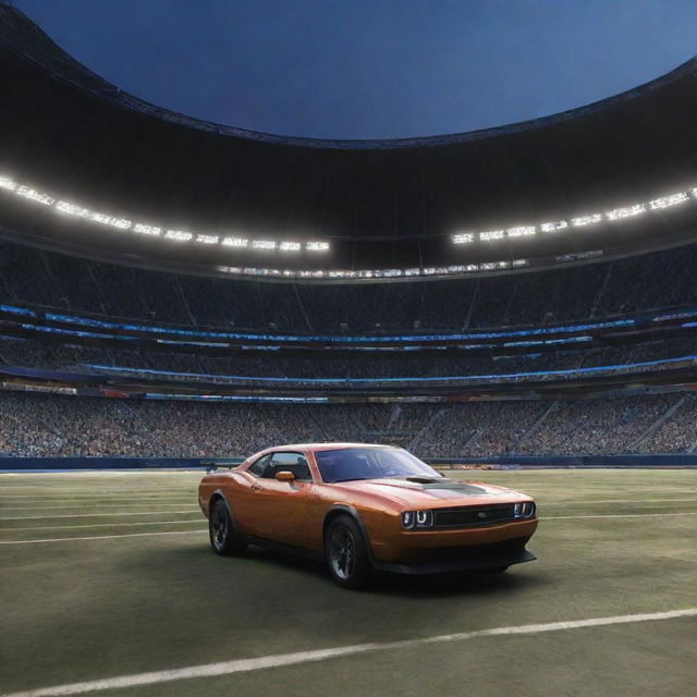 Digital game lobby interface with a colossal stadium lit up in the background. A rocket-fueled car, gleaming under stadium lights, perfectly framed in the center of the view.