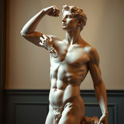 An artistic representation of a male nude figure in a classical pose, inspired by the style of Renaissance sculptures, focusing on the natural form and anatomy with attention to detail