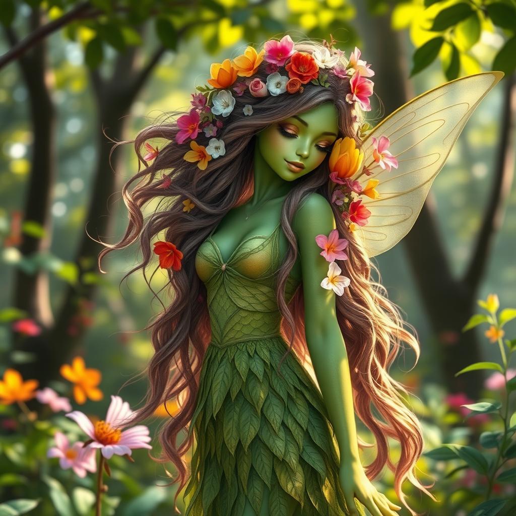 A captivating green-skinned nymph with long, flowing hair adorned with a multitude of vibrant, colorful flowers