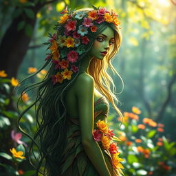 A captivating green-skinned nymph with long, flowing hair adorned with a multitude of vibrant, colorful flowers