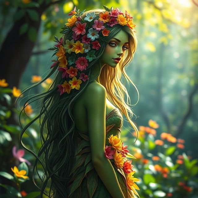 A captivating green-skinned nymph with long, flowing hair adorned with a multitude of vibrant, colorful flowers