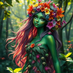 A captivating green-skinned nymph with long, flowing hair adorned with a multitude of vibrant, colorful flowers