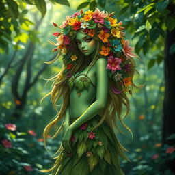 A captivating green-skinned nymph with long, flowing hair adorned with a multitude of vibrant, colorful flowers