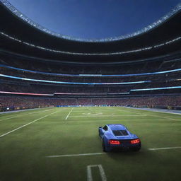 Digital game lobby interface with a colossal stadium lit up in the background. A rocket-fueled car, gleaming under stadium lights, perfectly framed in the center of the view.