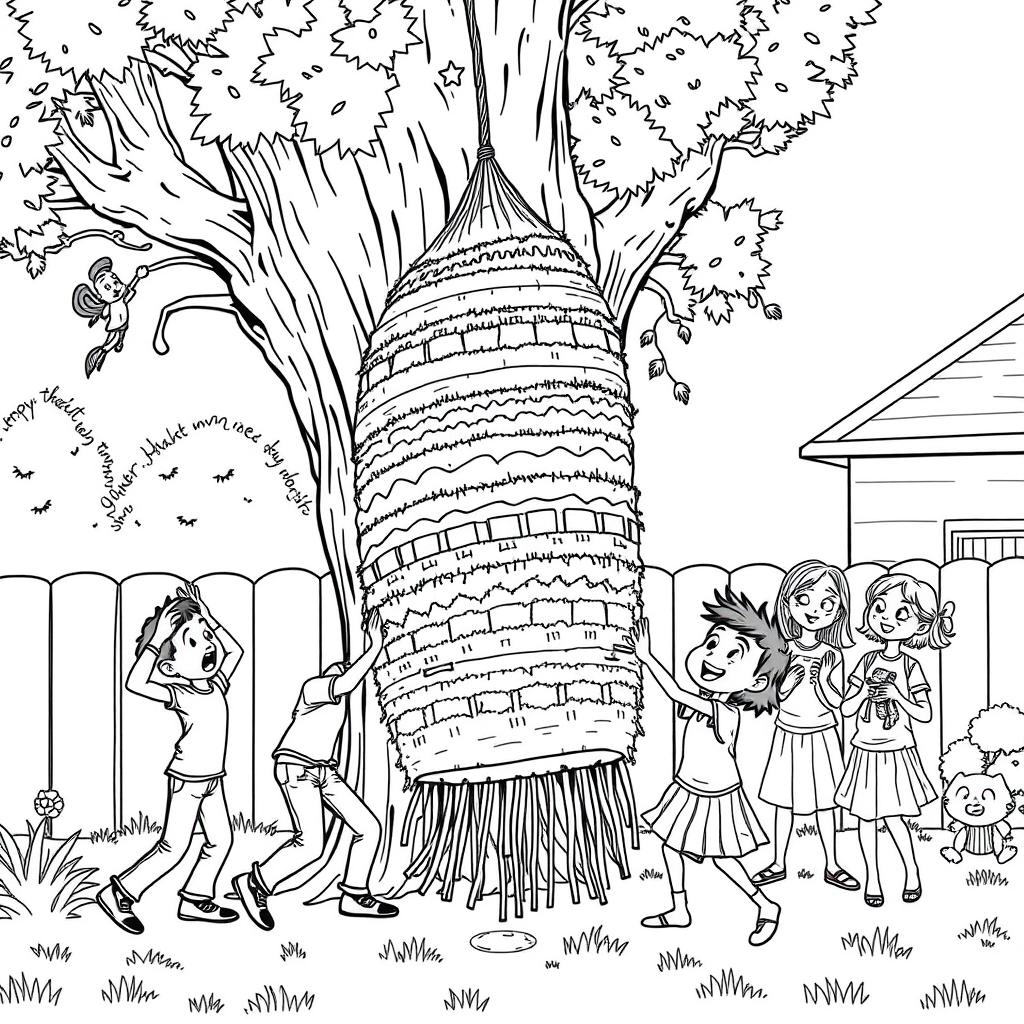 A surreal coloring page illustrating a family energetically trying to open an enormous piñata, hanging beneath a tree in their backyard