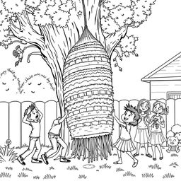 A surreal coloring page illustrating a family energetically trying to open an enormous piñata, hanging beneath a tree in their backyard