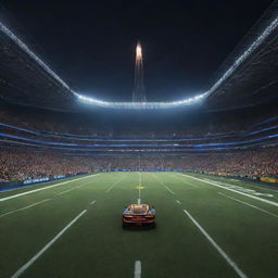 Digital game lobby interface with a colossal stadium lit up in the background. A rocket-fueled car, gleaming under stadium lights, perfectly framed in the center of the view.