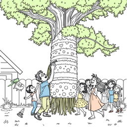 A surreal coloring page illustrating a family energetically trying to open an enormous piñata, hanging beneath a tree in their backyard