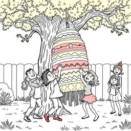 A surreal coloring page illustrating a family energetically trying to open an enormous piñata, hanging beneath a tree in their backyard