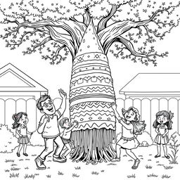 A surreal coloring page illustrating a family energetically trying to open an enormous piñata, hanging beneath a tree in their backyard