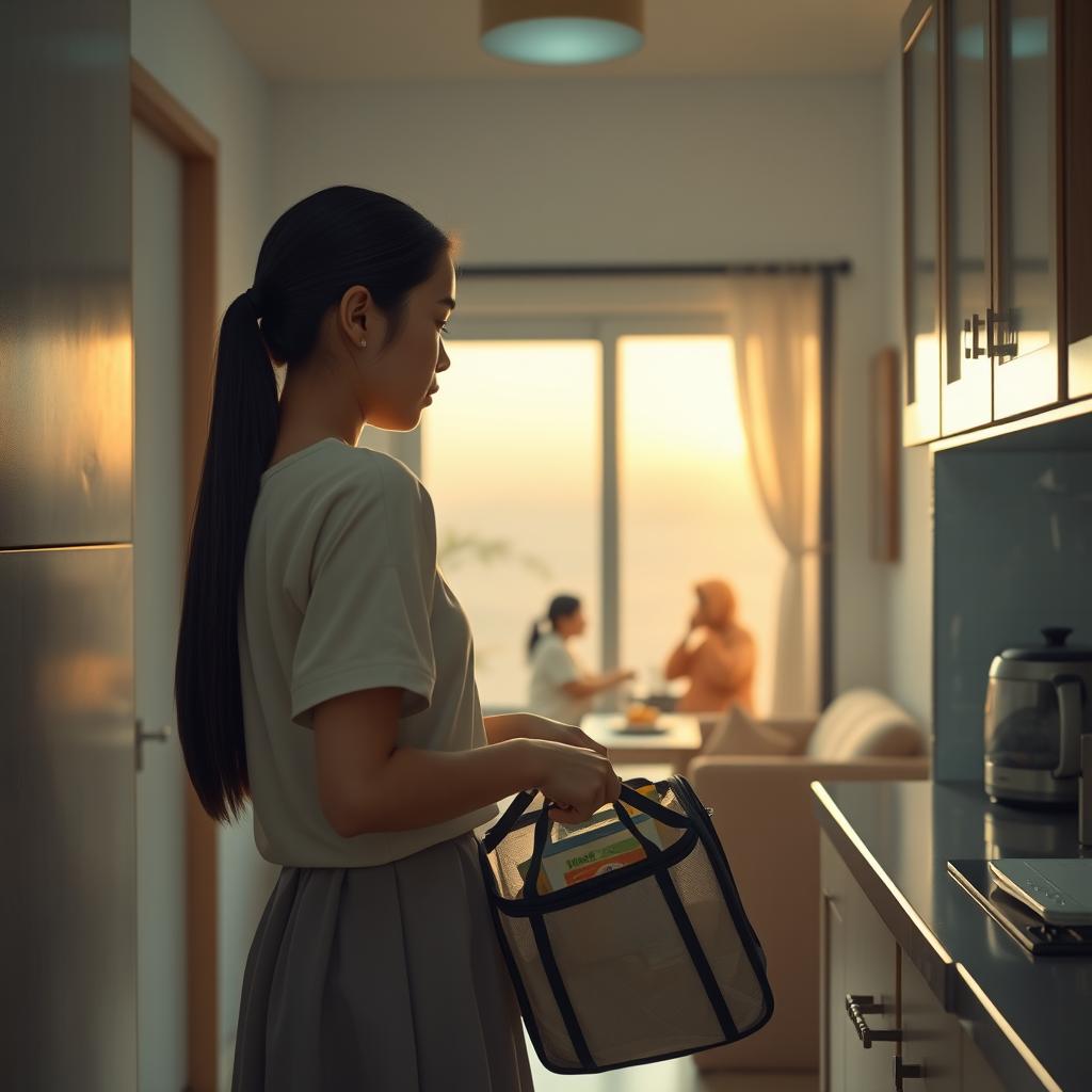 In a small kitchen, a young woman named Rita, with long, straight black hair tied back in a ponytail, is attentively packing snacks into a travel bag