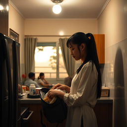 In a small kitchen, a young woman named Rita, with long, straight black hair tied back in a ponytail, is attentively packing snacks into a travel bag