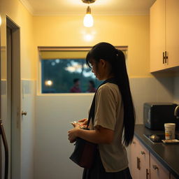 In a small kitchen, a young woman named Rita, with long, straight black hair tied back in a ponytail, is attentively packing snacks into a travel bag