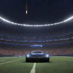 Digital game lobby interface with a colossal stadium lit up in the background. A rocket-fueled car, gleaming under stadium lights, perfectly framed in the center of the view.